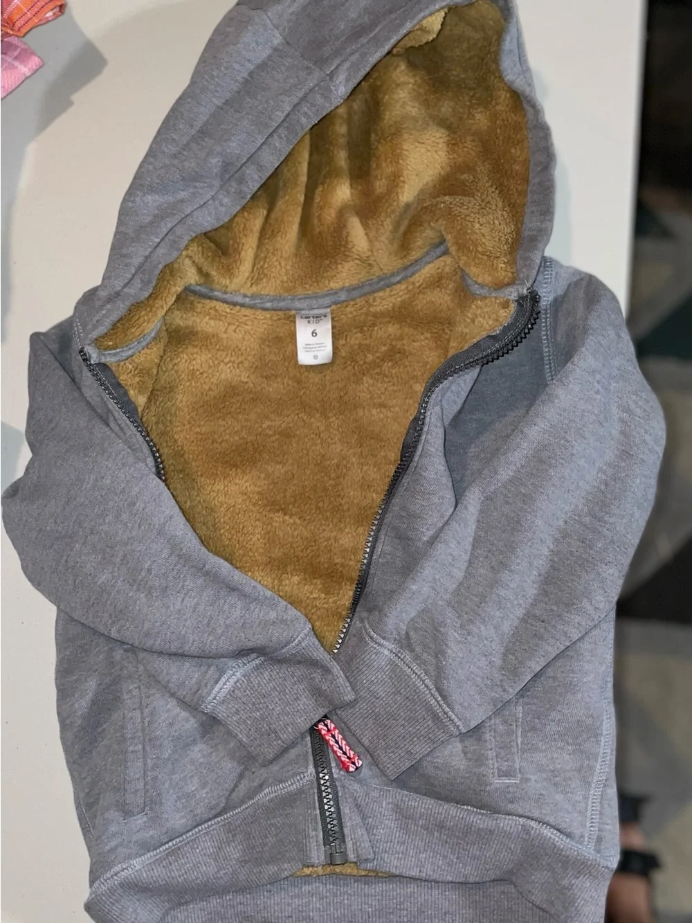 Kids Carters Gray Zip-Up Hoodie with Sherpa Lining. Size 6
